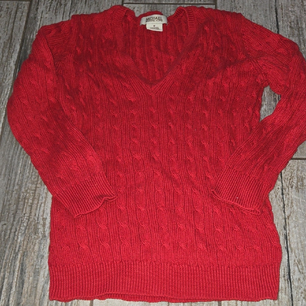 Michael Kors Red V-Neck Cable Knit Sweater